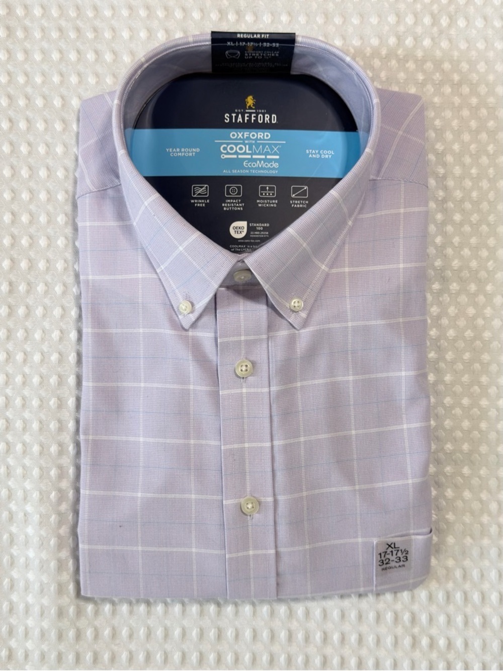 Stafford CoolMax Oxford in Orchid Plaid Dress Shirt XL (17-17 1/2” and 32-33”)